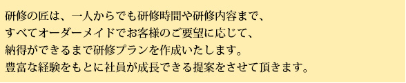 研修の匠は、一人からでも研修時間や研修内容まで、すべてオーダーメイドでお客様のご要望に応じて、納得ができるまで研修プランを作成いたします。豊富な経験をもとに社員が成長できる提案をさせて頂きます。